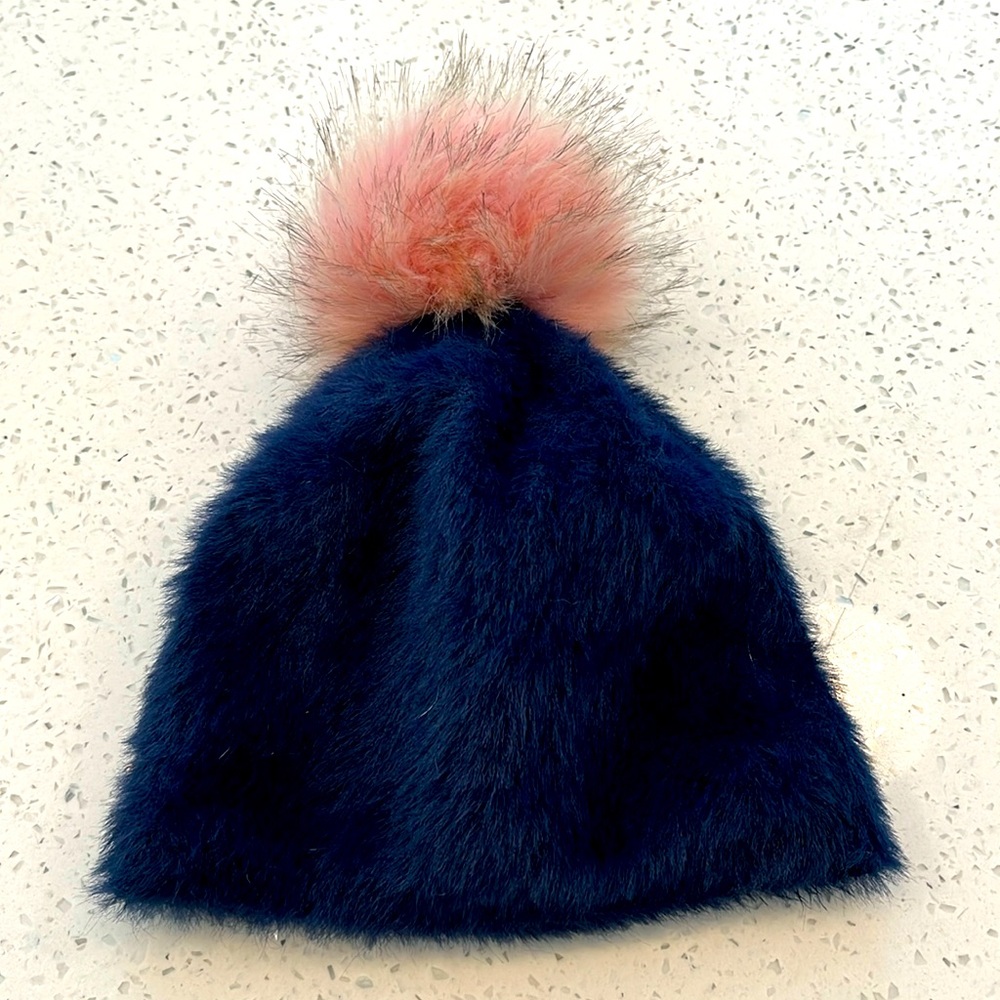 Anthropologie Faux Fur Pom-Pom hat in blue and soft pink